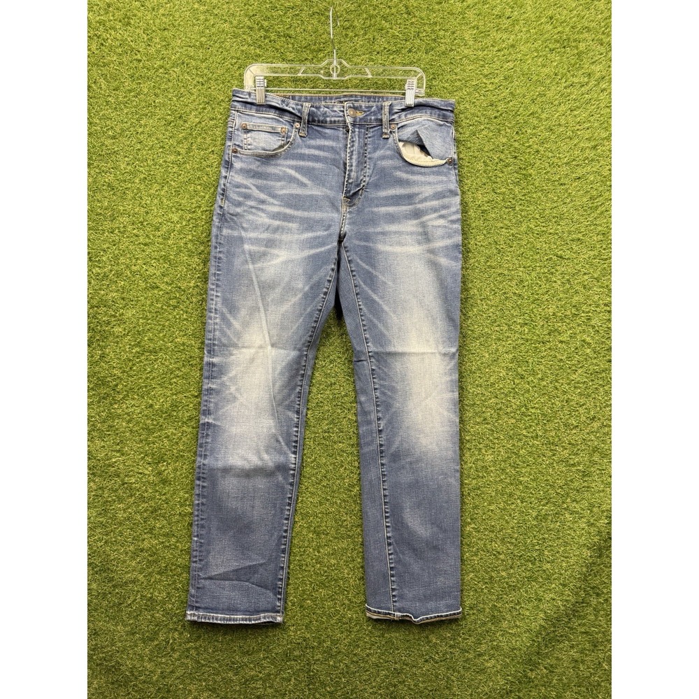 American Eagle Jeans Mens 34x32 Blue Denim Relaxed Straight Airflex + Whiskered